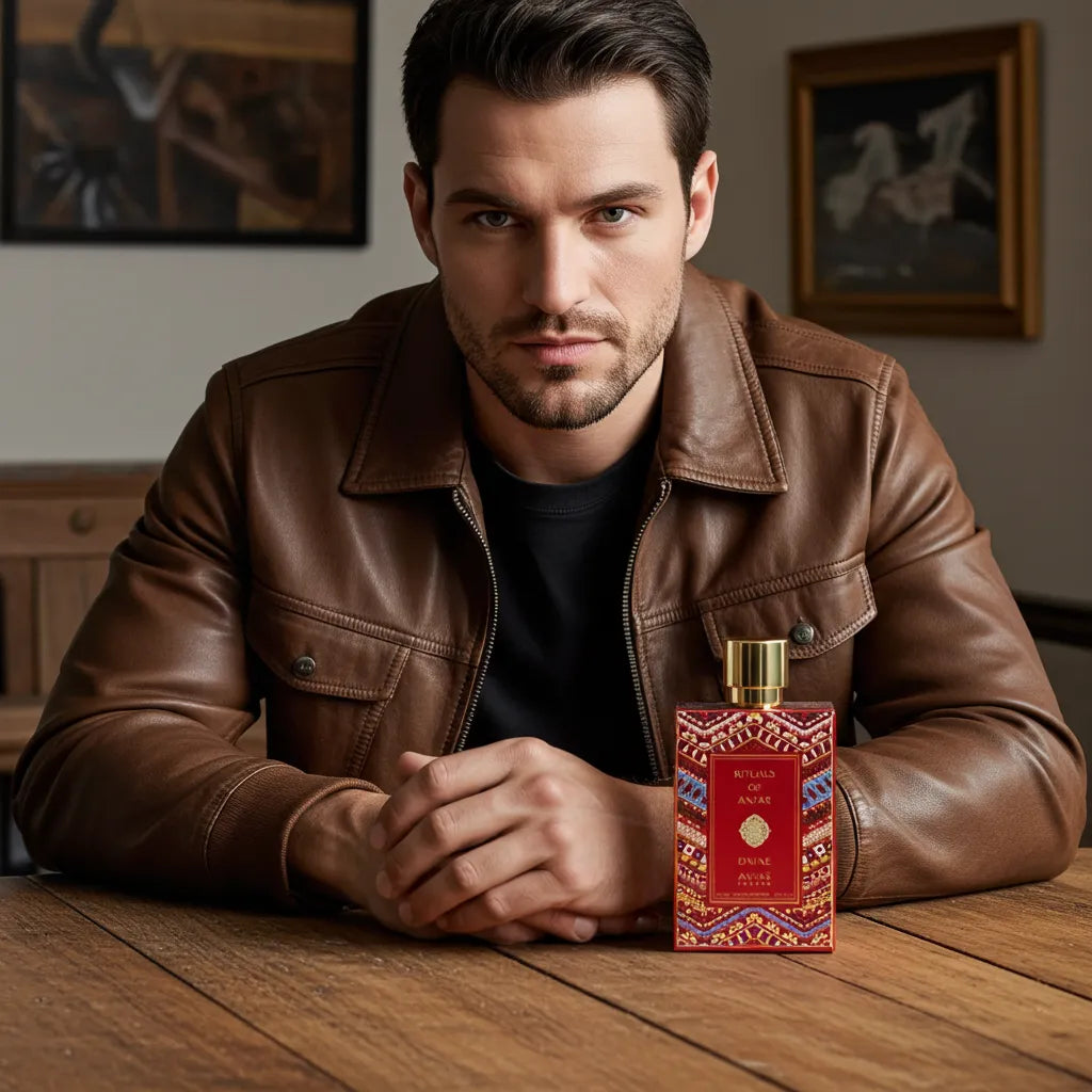 A bottle of Anfar London's Rituals of Anfar Divine luxury arabian musk woodyperfume, with its elegant design, showcased on a clean background.