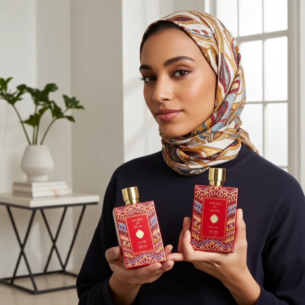 A bottle of Anfar London's Rituals of Anfar Divine luxury arabian musk woodyperfume, with its elegant design, showcased on a clean background.
