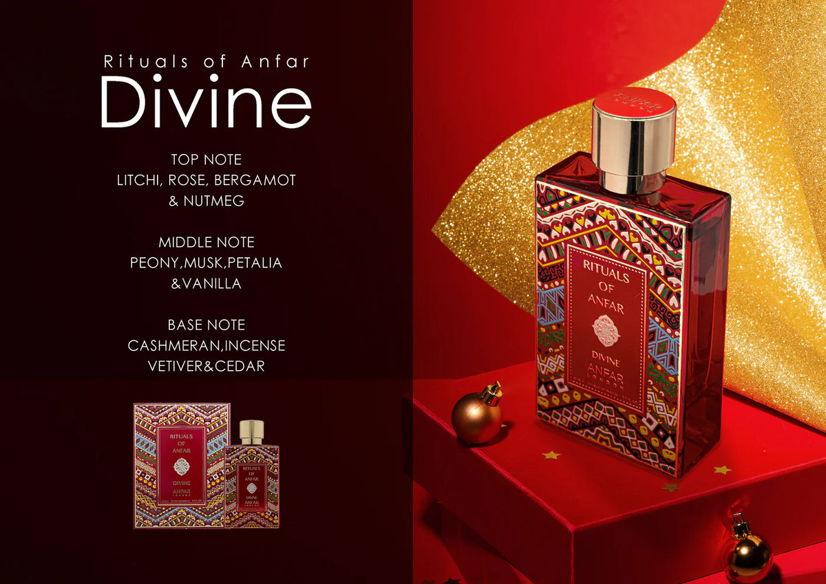 A bottle of Anfar London's Rituals of Anfar Divine luxury arabian musk woodyperfume, with its elegant design, showcased on a clean background.