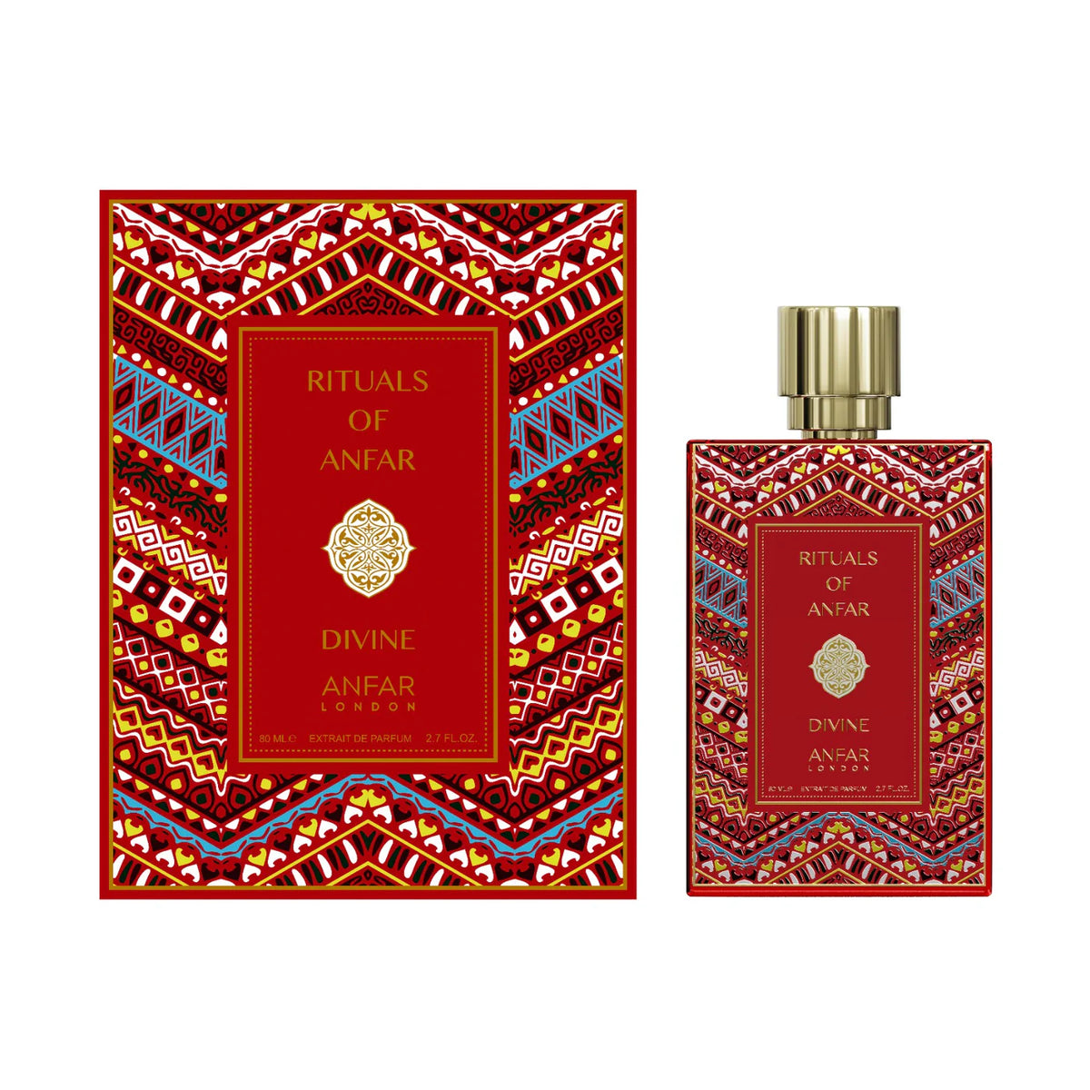A bottle of Anfar London's Rituals of Anfar Divine luxury arabian musk woodyperfume, with its elegant design, showcased on a clean background.