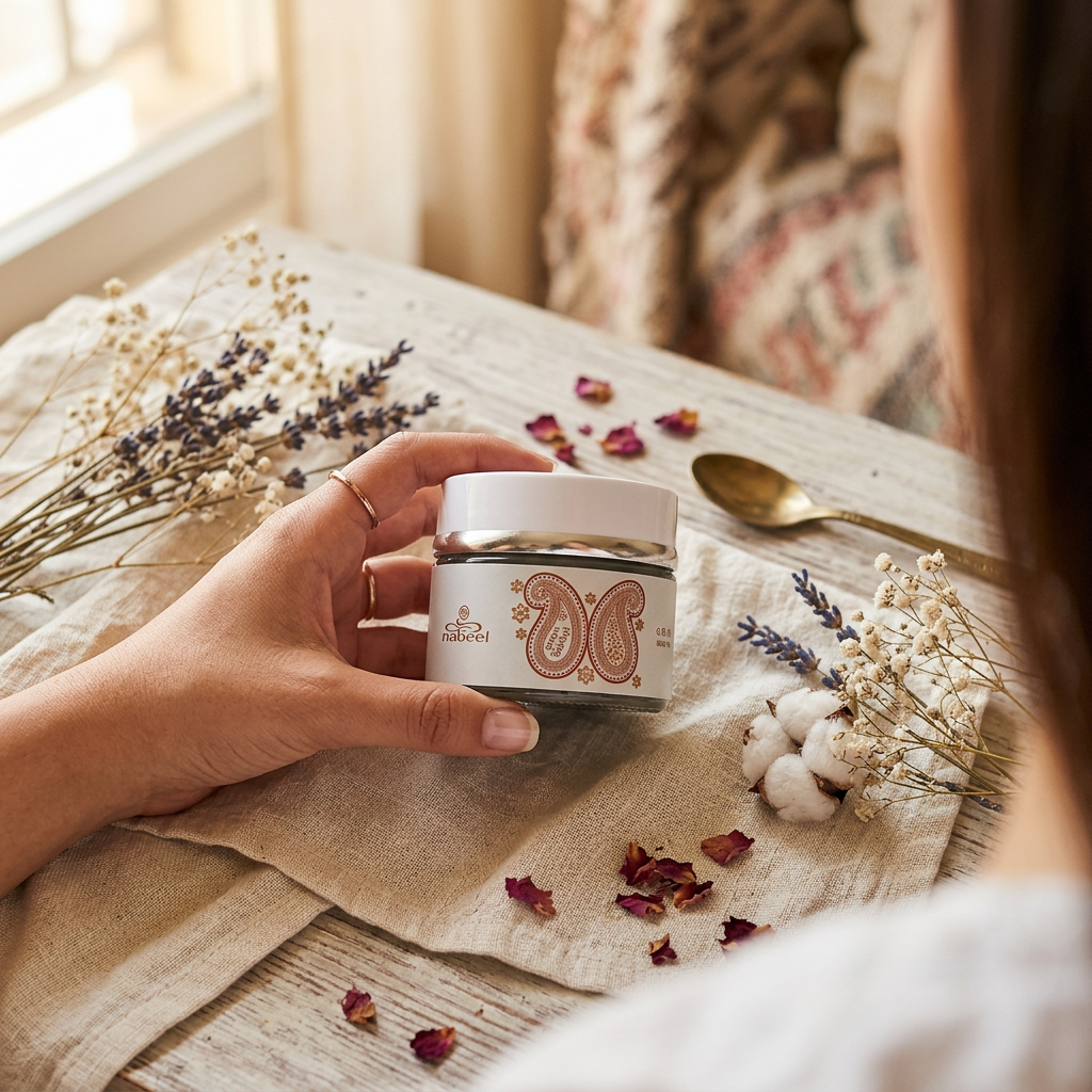 Woman holding Al Nabeel Oudh Tajebni Bakhoor 60g jar on rustic linen table styled with dried lavender, rose petals, and cotton flowers