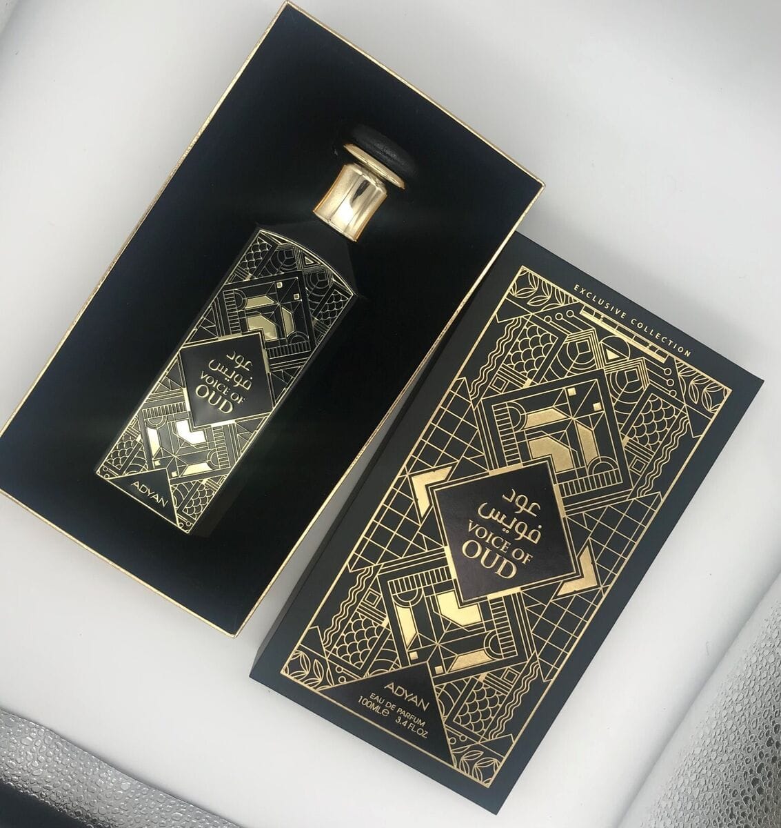 Adyan Voice of Oud 100ml Eau de Parfum. A luxurious fragrance for men and women with notes of rose, oud, and leather, presented in a beautifully designed bottle.