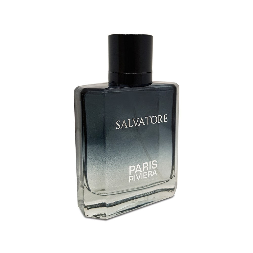 Salvatore Paris Riviera perfume bottle with a black-to-clear gradient and cylindrical black cap.