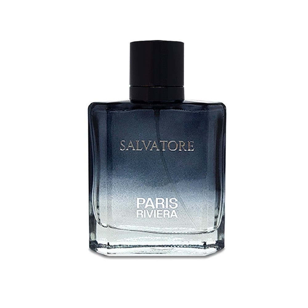 Salvatore by Paris Riviera perfume in a blue-to-clear gradient rectangular glass bottle with a black cap.