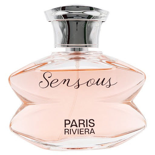 Lip-shaped perfume bottle with pink liquid, a silver cap, and "Sensous PARIS RIVIERA" printed in black.