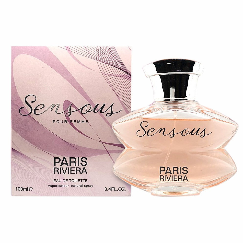 Paris Riviera Sensous Pour Femme perfume with its pink decorative box and unique lip-shaped glass bottle.