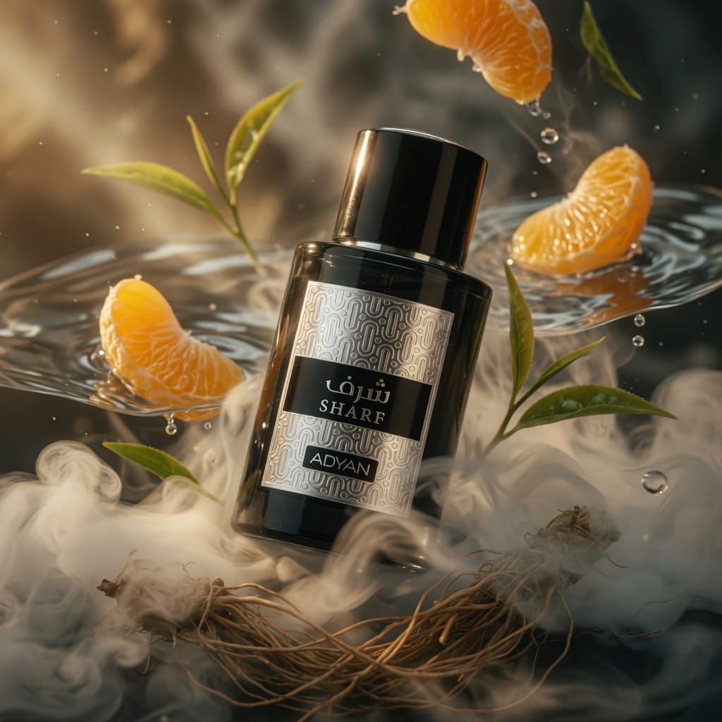 Sharf by Adyan sandalwood perfume for men showing bergamot, green tea and creamy sandalwood notes in elegant composition