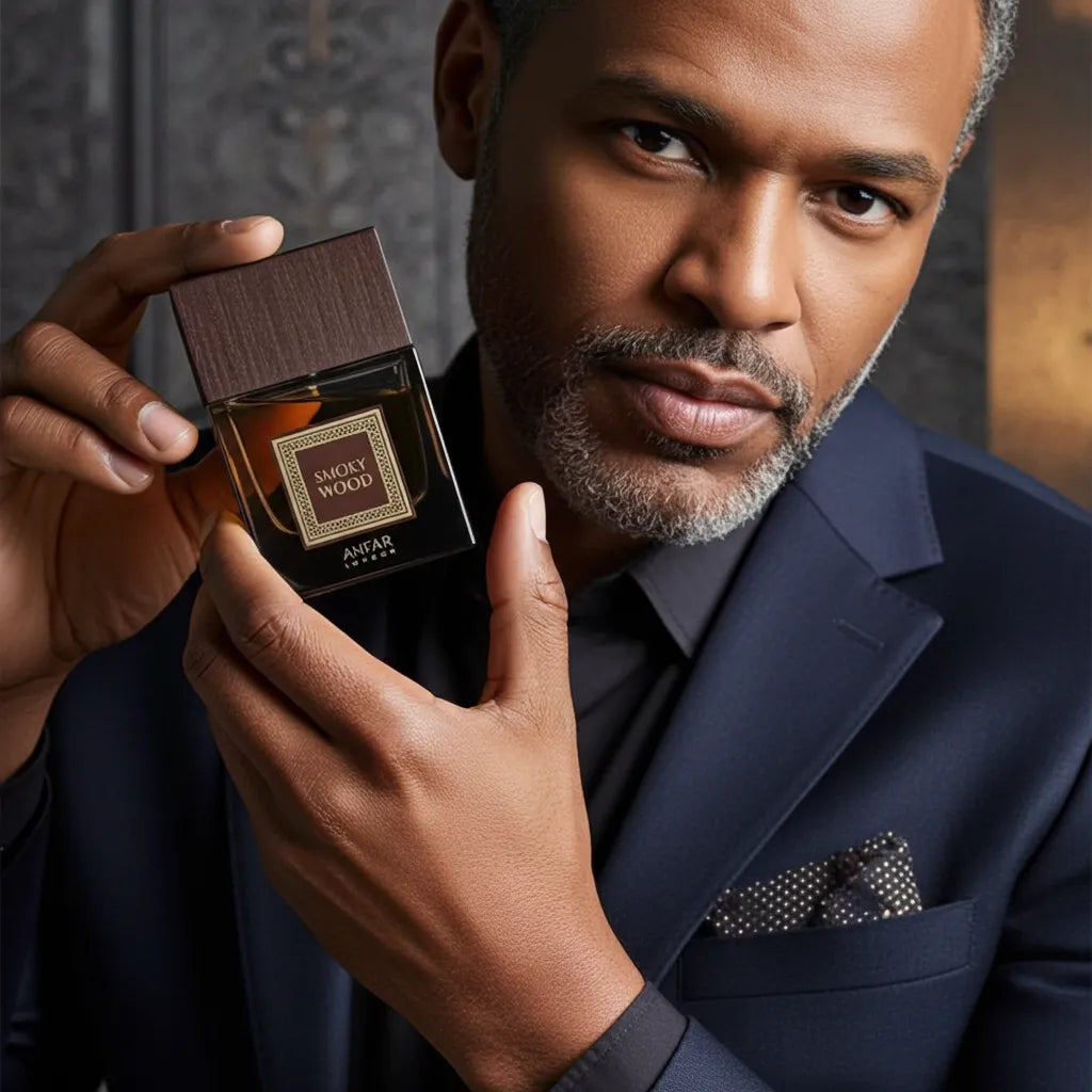 A man in a dark suit holds a bottle of Smoky Wood fragrance by Ambar towards the camera.