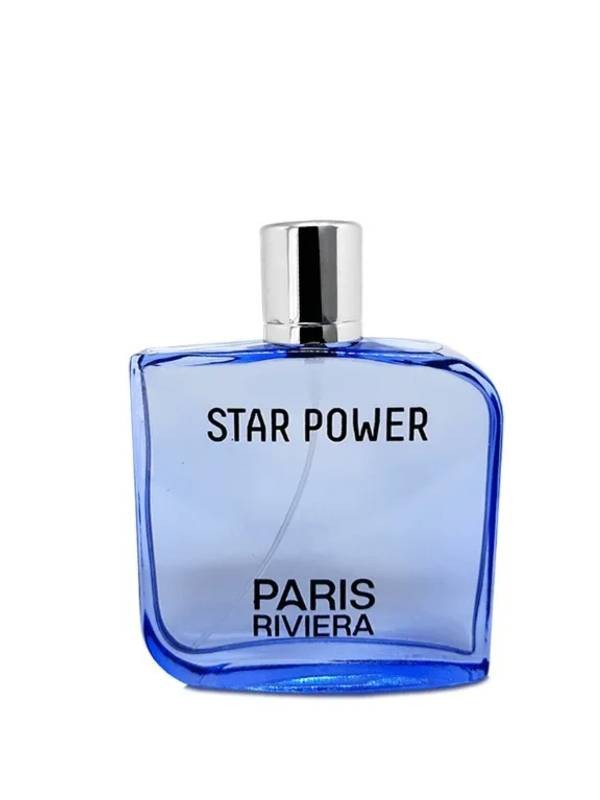 Paris Riviera Star Power perfume in a blue glass bottle with a silver cap