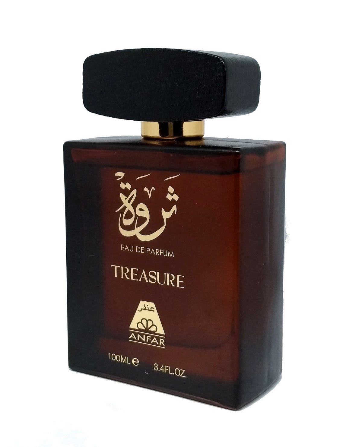 Anfar Treasure 100ml Eau de Parfum in a dark brown rectangular glass bottle with a black cap and gold lettering.