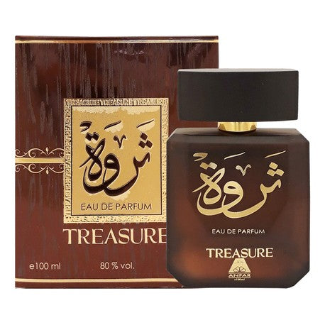 Dark brown Anfar Treasure Eau de Parfum bottle and box with gold Arabic and English lettering.