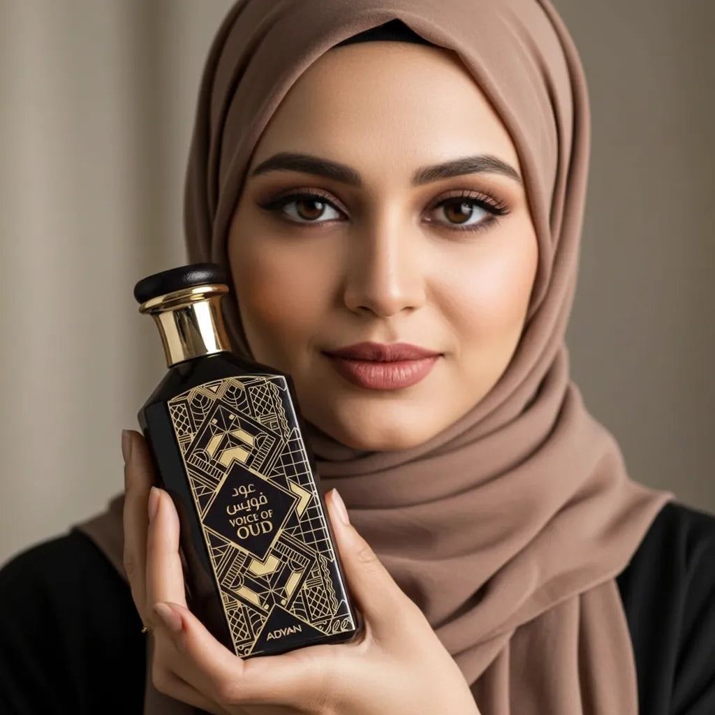 Adyan Voice of Oud 100ml Eau de Parfum. A luxurious rose oud fragrance for men and women with notes of rose, oud, and leather, presented in a beautifully designed bottle.
