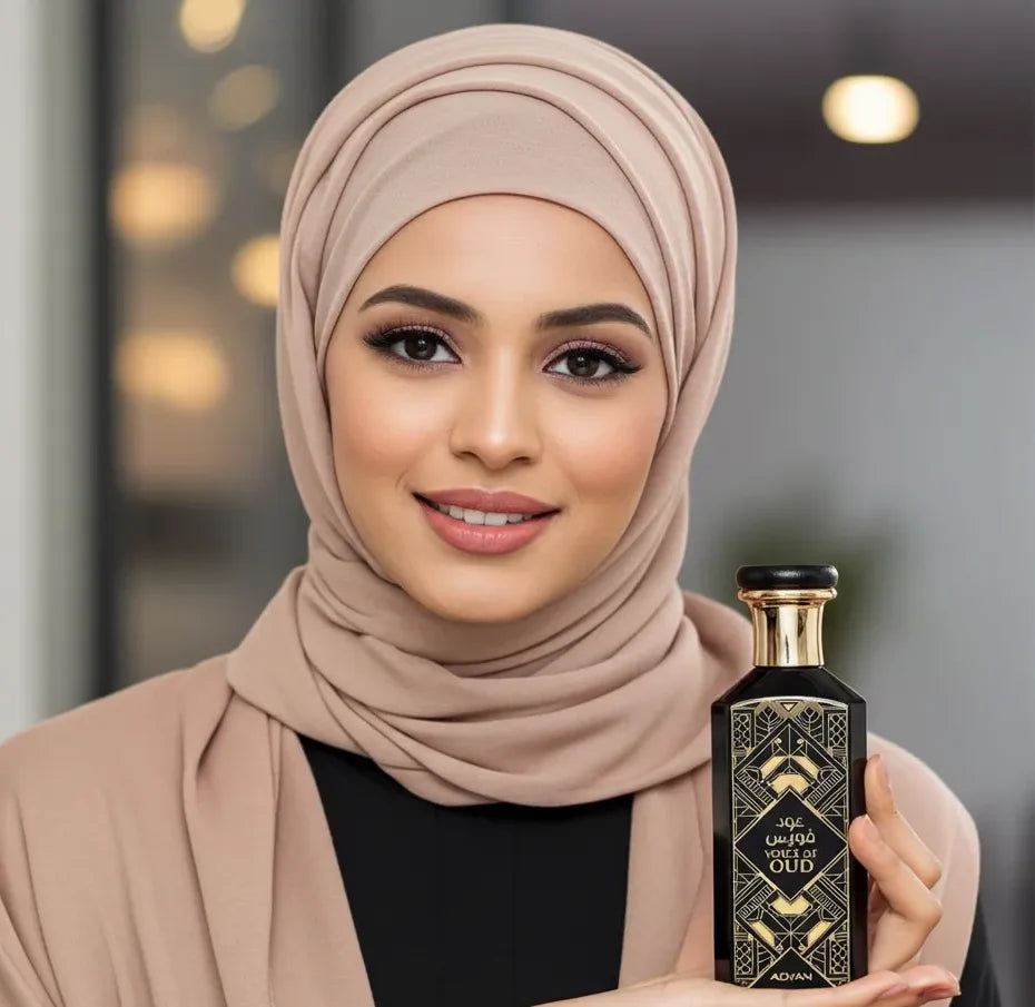 Adyan Voice of Oud 100ml Eau de Parfum. A luxurious rose oud fragrance for men and women with notes of rose, oud, and leather, presented in a beautifully designed bottle.