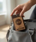 Placing Anjam Al Sharq 20ml travel perfume bottle into handbag, slim pocket size perfume by Ard Al Oud