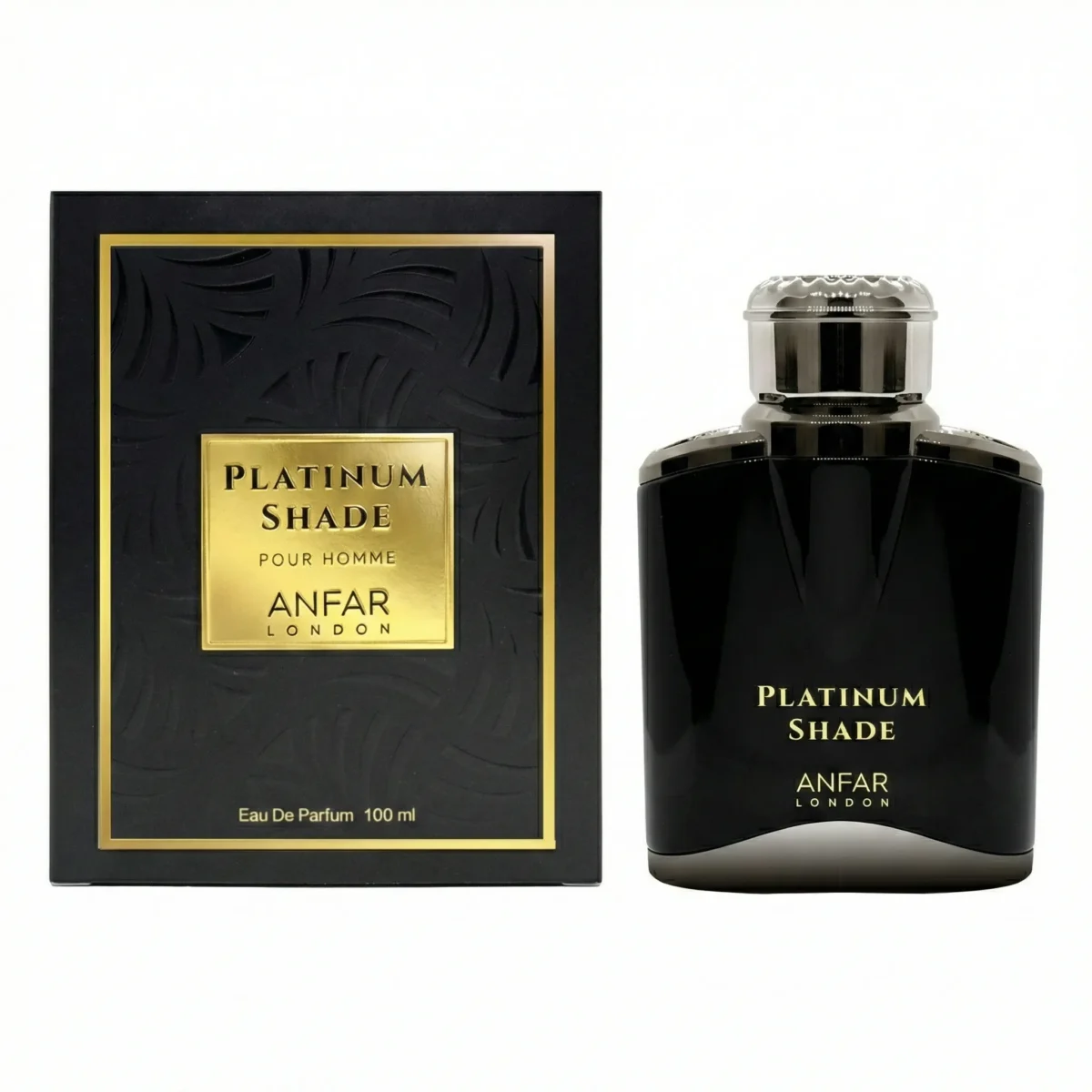 Platinum Shade by Anfar London Pour Homme 100ml perfume bottle next to its black and gold textured box.