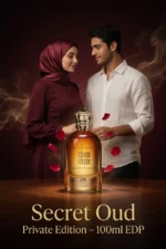 rose oud perfume secret oud poster with a malea nd female holding th bottle