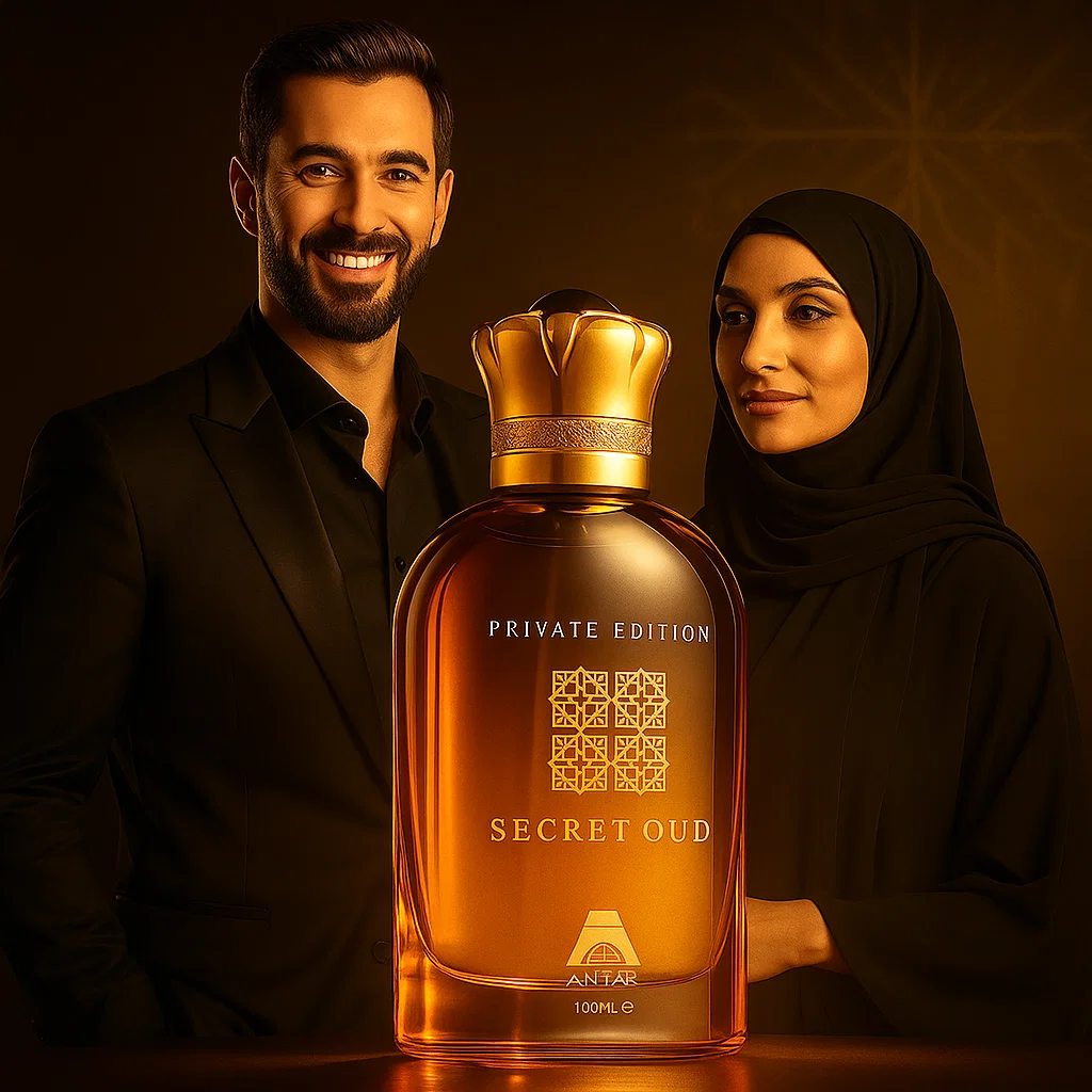 Secret Oud Eau de Parfum bottle, purple theme