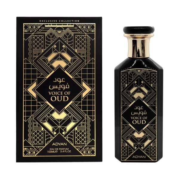 Adyan Voice of Oud 100ml Eau de Parfum. A luxurious rose oud fragrance for men and women with notes of rose, oud, and leather, presented in a beautifully designed bottle.