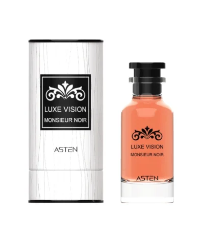 Affordable oud perfume, Asten Luxe Vision Monsieur Noir 100ml EDP bottle. Black and gold bottle with a minimalist design. at oudh shop