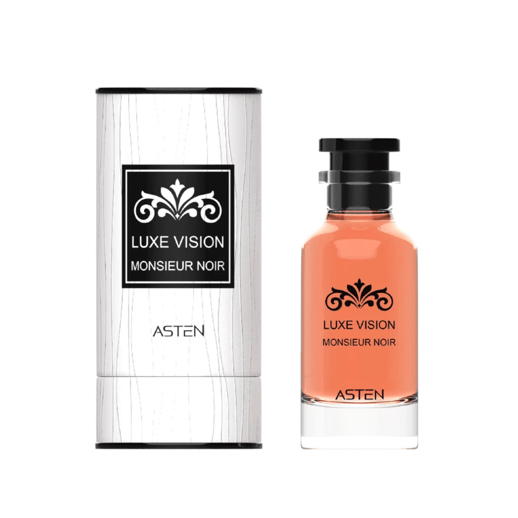 Affordable oud perfume, Asten Luxe Vision Monsieur Noir 100ml EDP bottle. Black and gold bottle with a minimalist design. at oudh shop