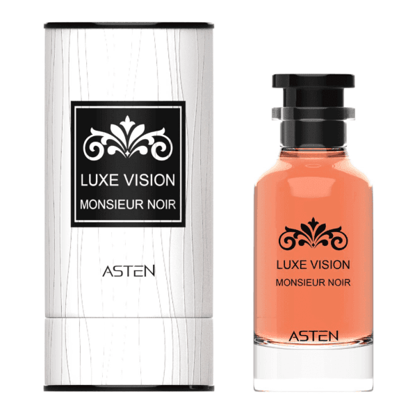 Affordable oud perfume, Asten Luxe Vision Monsieur Noir 100ml EDP bottle. Black and gold bottle with a minimalist design.
