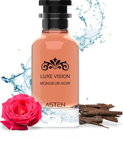 Affordable oud perfume, Asten Luxe Vision Monsieur Noir 100ml EDP bottle. Black and gold bottle with a minimalist design. at oudh shop