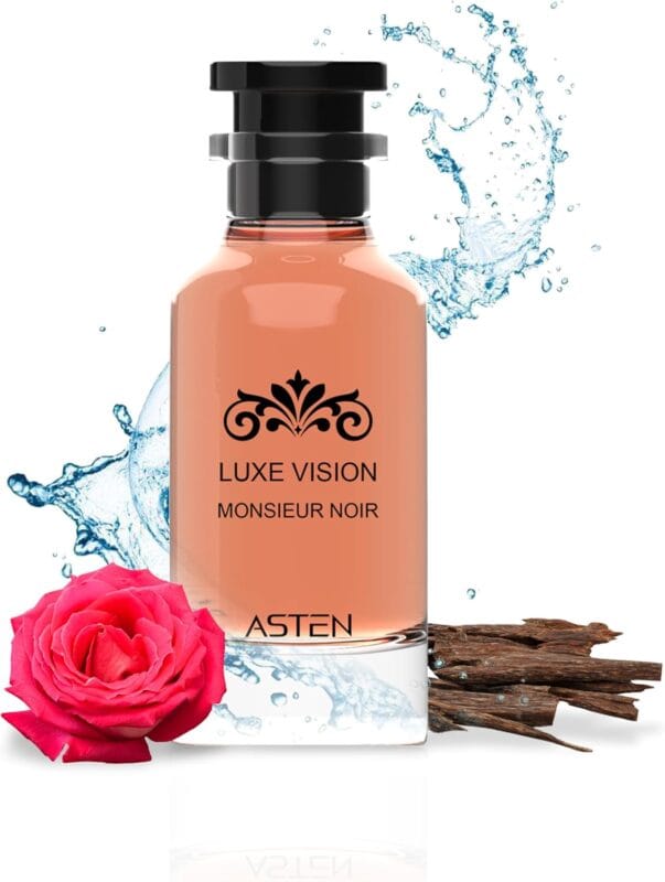 Affordable oud perfume, Asten Luxe Vision Monsieur Noir 100ml EDP bottle. Black and gold bottle with a minimalist design. at oudh shop