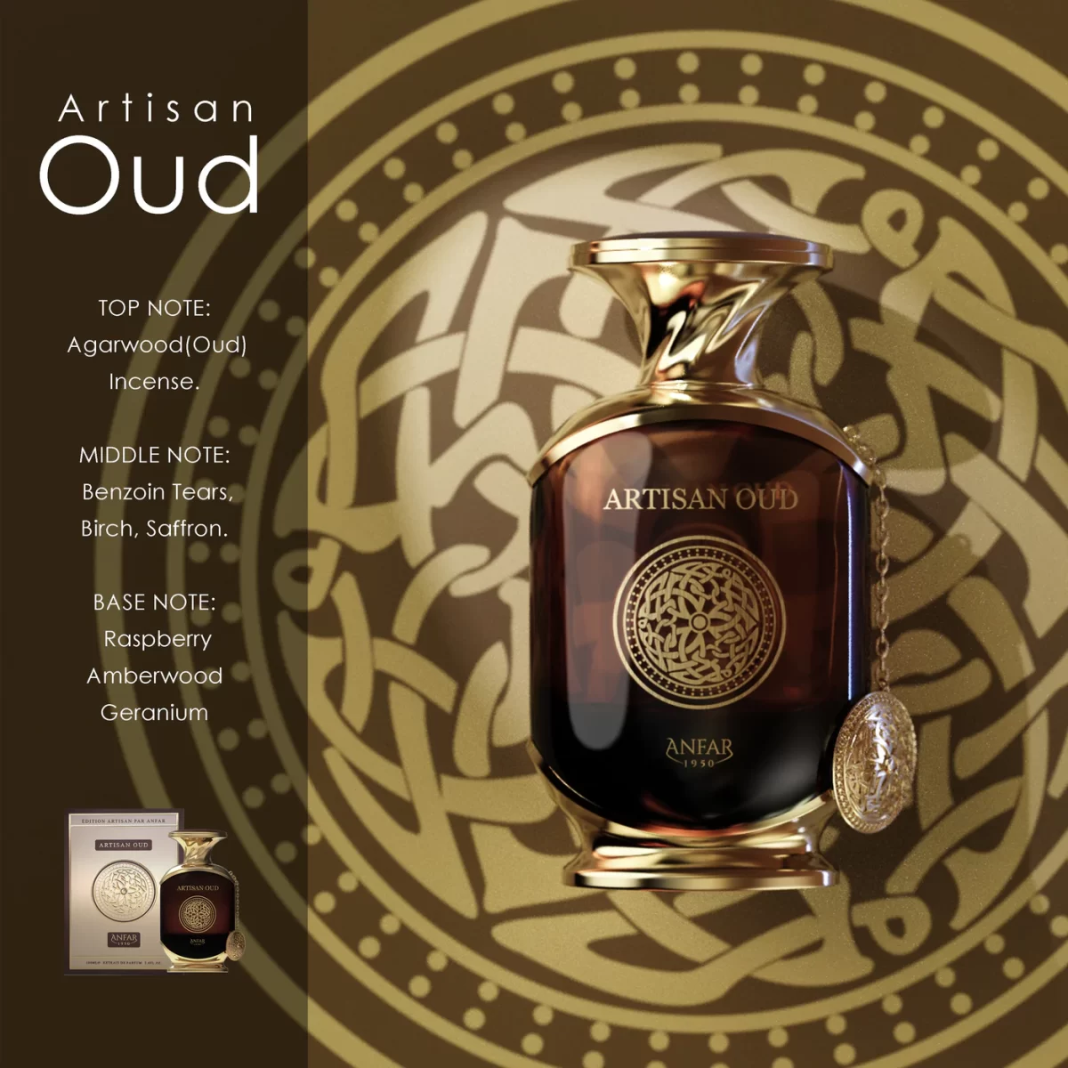 Artisan Oud Extrait de Parfum ANFAR 1950 – 100ML bottle with gold detailing and matching box