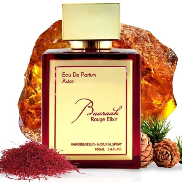 Buuraak Rouge Elixir 100ML Eau de Parfum by Asten – luxury unisex fragrance with saffron, rose, and oud notes, available at Oudh Shop UK