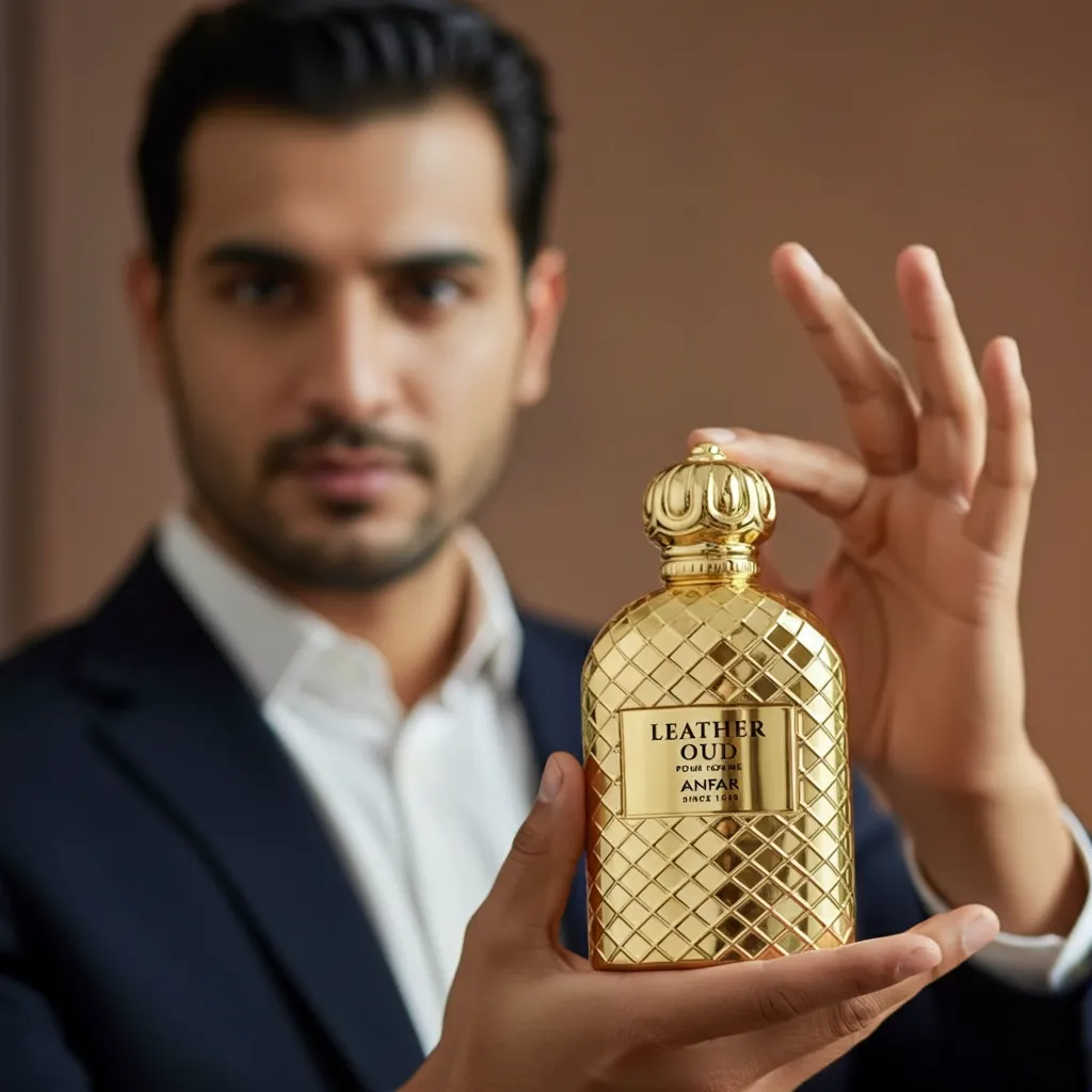 Leather Oud Gold Extrait de Parfum bottle, gold finish