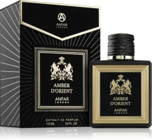 Anfar London Amber D’Orient extrait de parfum bottle and box in matte black with gold detailing and an ornate crest. a true Louis Vuitton’s Ombre Nomade Alternative