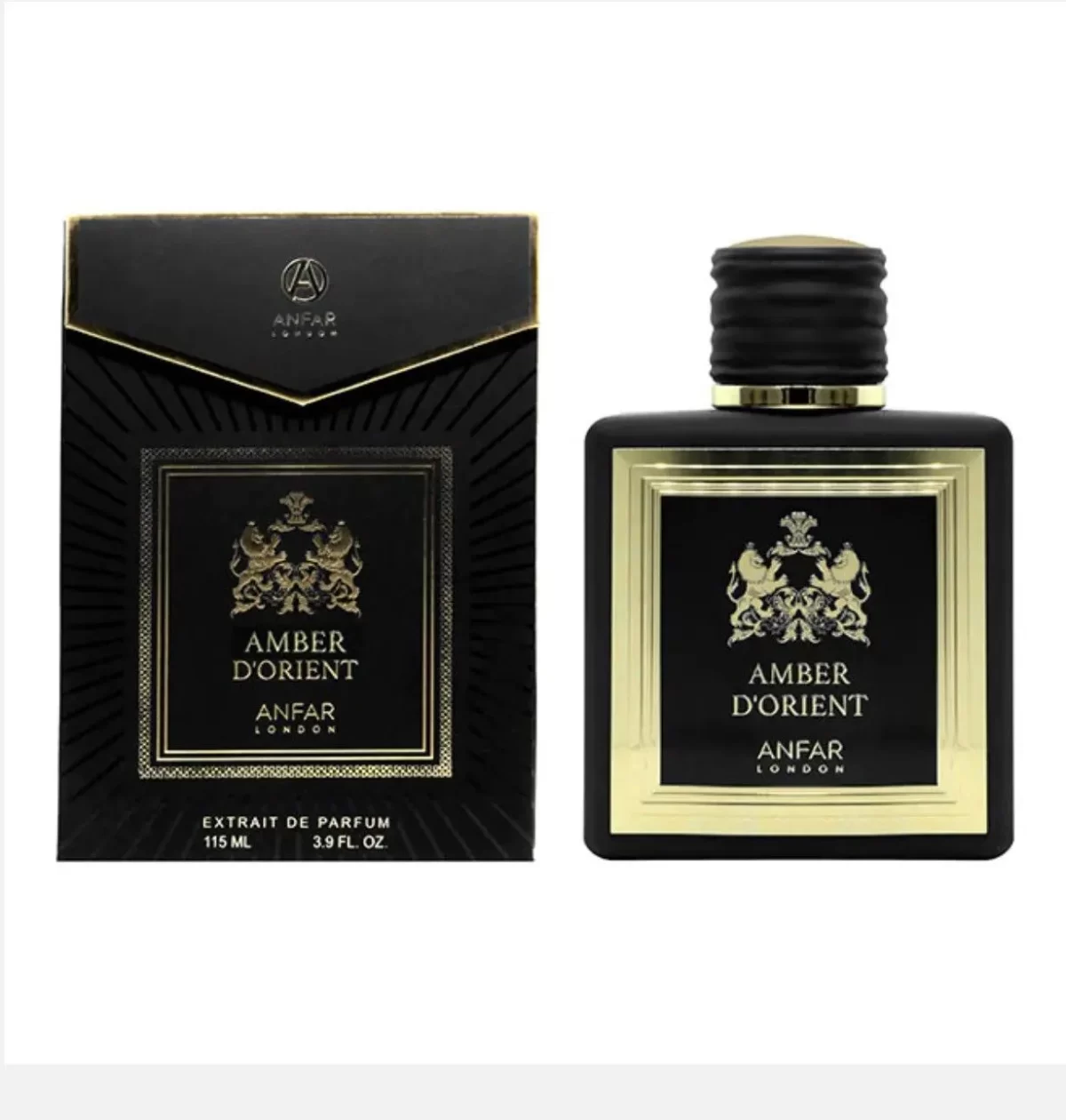 Anfar London Amber D’Orient extrait de parfum bottle and box in matte black with gold detailing and an ornate crest.