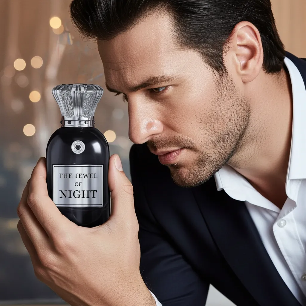 Jewel of Night Extrait de Parfum bottle, purple/pink theme