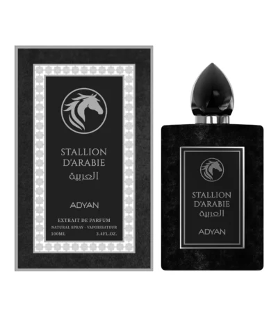 Luxury Arabian Perfume Stallion D’Arabie by Adyan a bold 100ml extrait de parfum with citrus, floral, vanilla, woody notes. Luxury gift bottle packaging