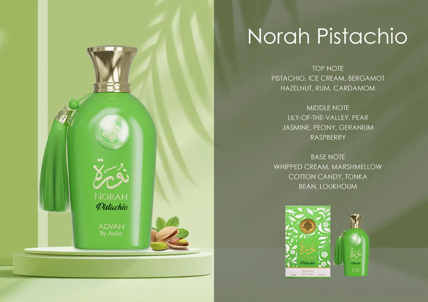 NorahPistachio-oud-notes Norah Pistachio by Adyan 100ml Eau de Parfum – sweet Arabian women’s perfume