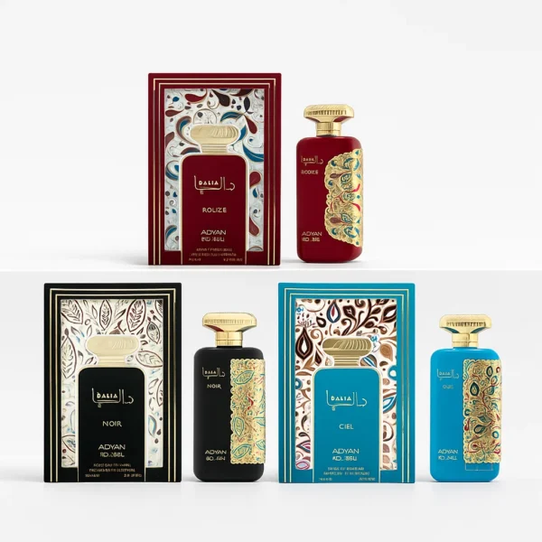 Dalia Series by Adyan – 100ml unisex eau de parfum set including Rouge, Ciel and Noir bottles