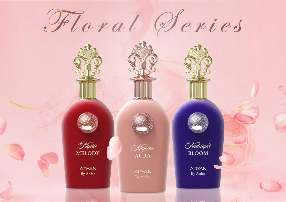 Adyan Floral Series: red Mystic Melody, pink Majestic Aura, and purple Midnight Bloom perfumes in ornate bottles.