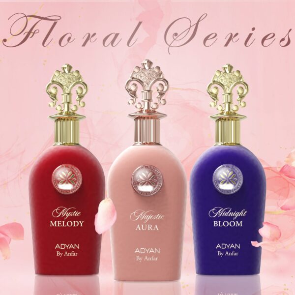 Adyan Floral Series: red Mystic Melody, pink Majestic Aura, and purple Midnight Bloom perfumes in ornate bottles.