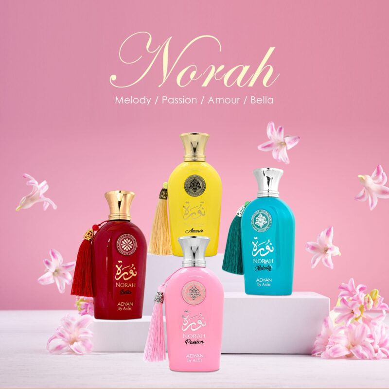 An advertisement for Norah perfumes showing four colorful bottles against a pink background with pink flowers.