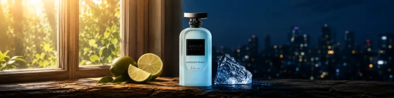 Midnight Frost Intense fragrance bottle shown transitioning from day to night wear