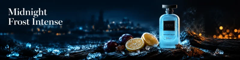 Midnight Frost Intense by Anfar London extrait de parfum bottle with ice and citrus