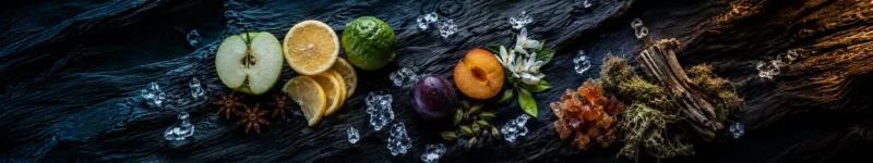 Flat-lay of Midnight Frost Intense fragrance notes including apple, star anise, plum, and driftwood