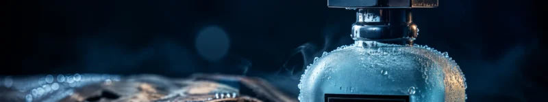 Macro shot of frost and condensation on the Midnight Frost Intense extrait de parfum bottle