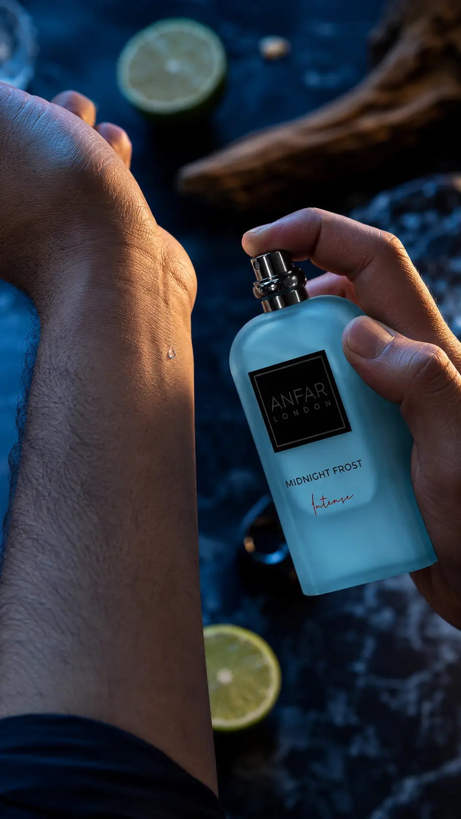 Applying Midnight Frost Intense extrait de parfum to the wrist pulse point