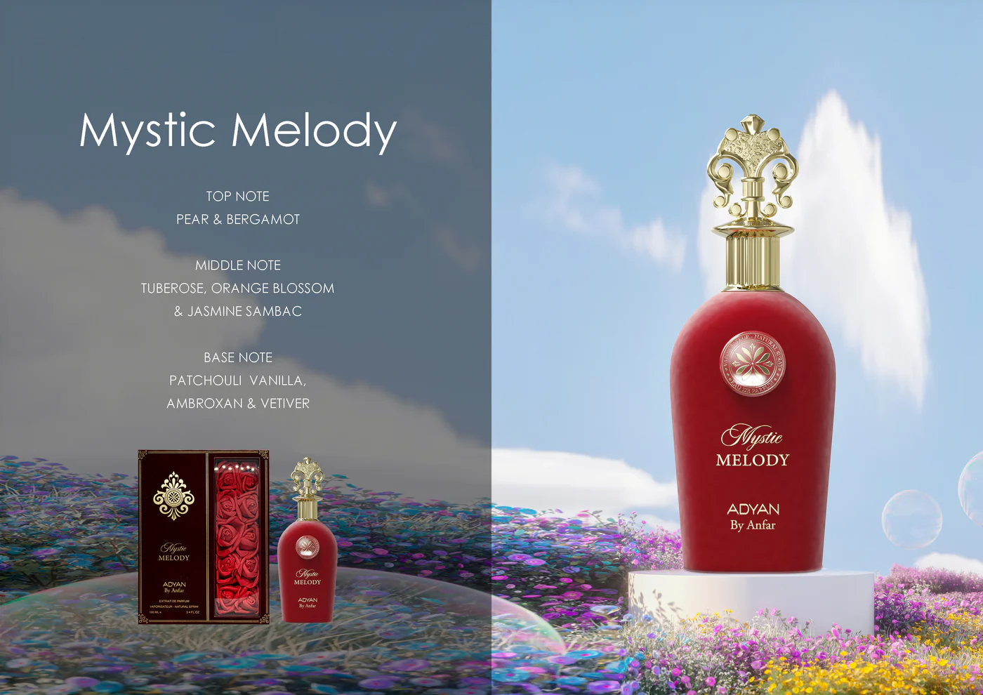 Mystic Melody by Adyan velvet finish bottle with decorative roses in gift box