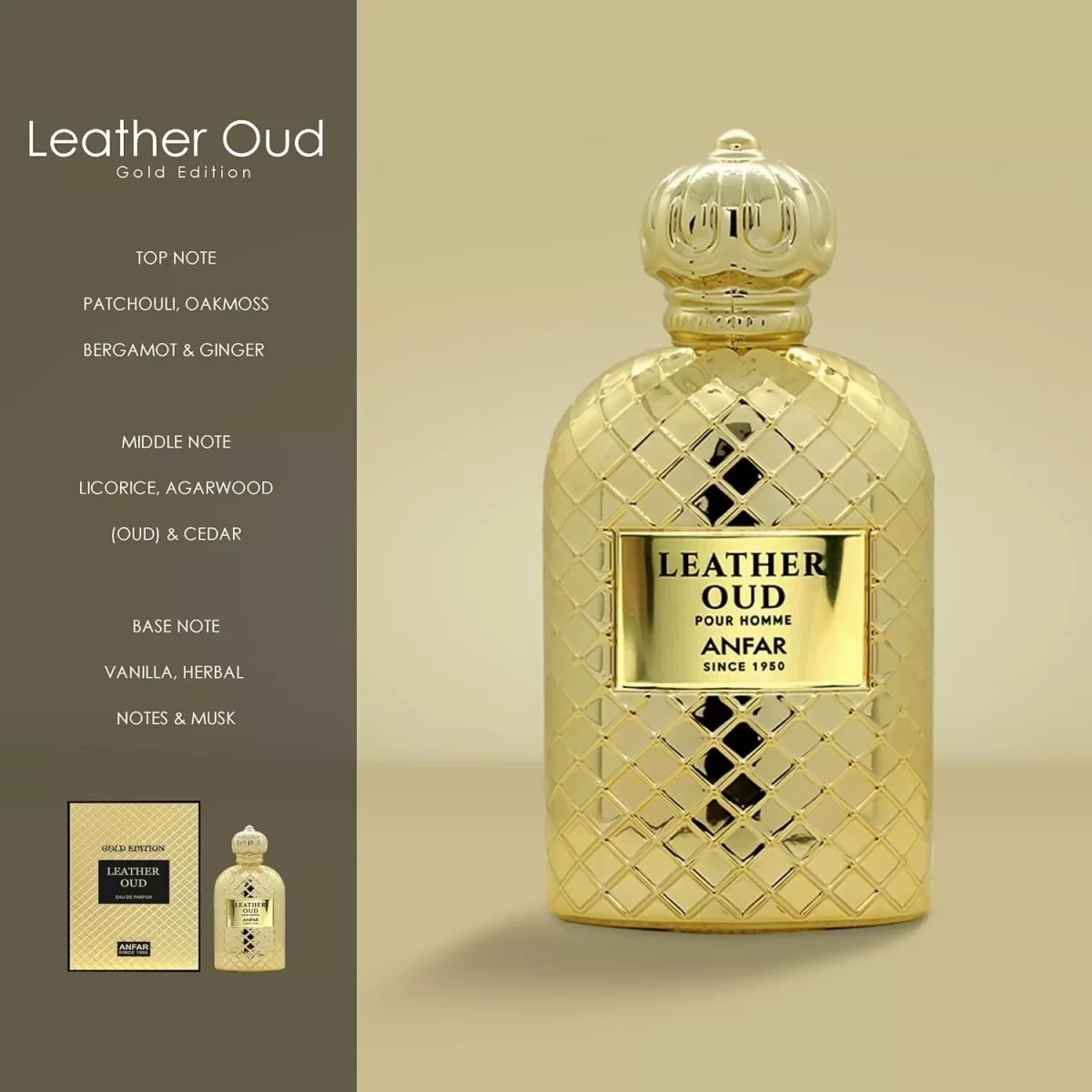 Luxury leather Oud Perfume for men Leather Oud Gold Extrait de Parfum by Anfar – Long-Lasting