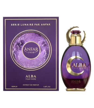 The elegant purple and gold perfume bottle for Abla Extrait de Parfum by Anfar 1950.