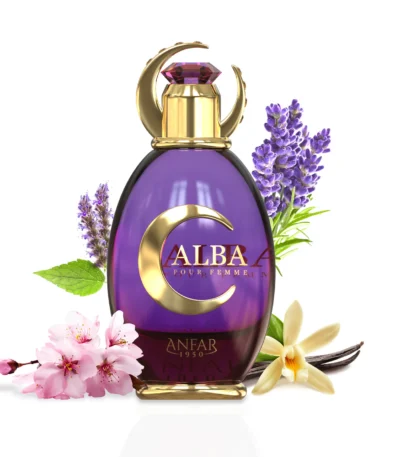 The elegant purple and gold perfume bottle for Abla Extrait de Parfum by Anfar 1950.