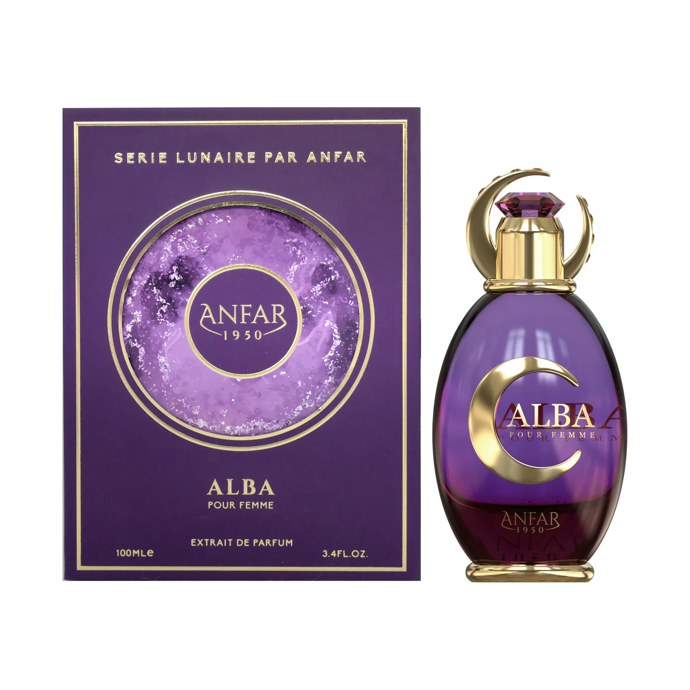Alba-100ml-pour-femme-anfar-1950 The elegant purple and gold perfume bottle for Abla Extrait de Parfum by Anfar 1950.