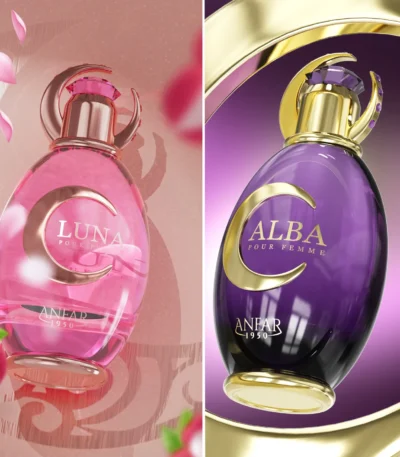 The elegant purple and gold perfume bottle for Abla Extrait de Parfum by Anfar 1950.